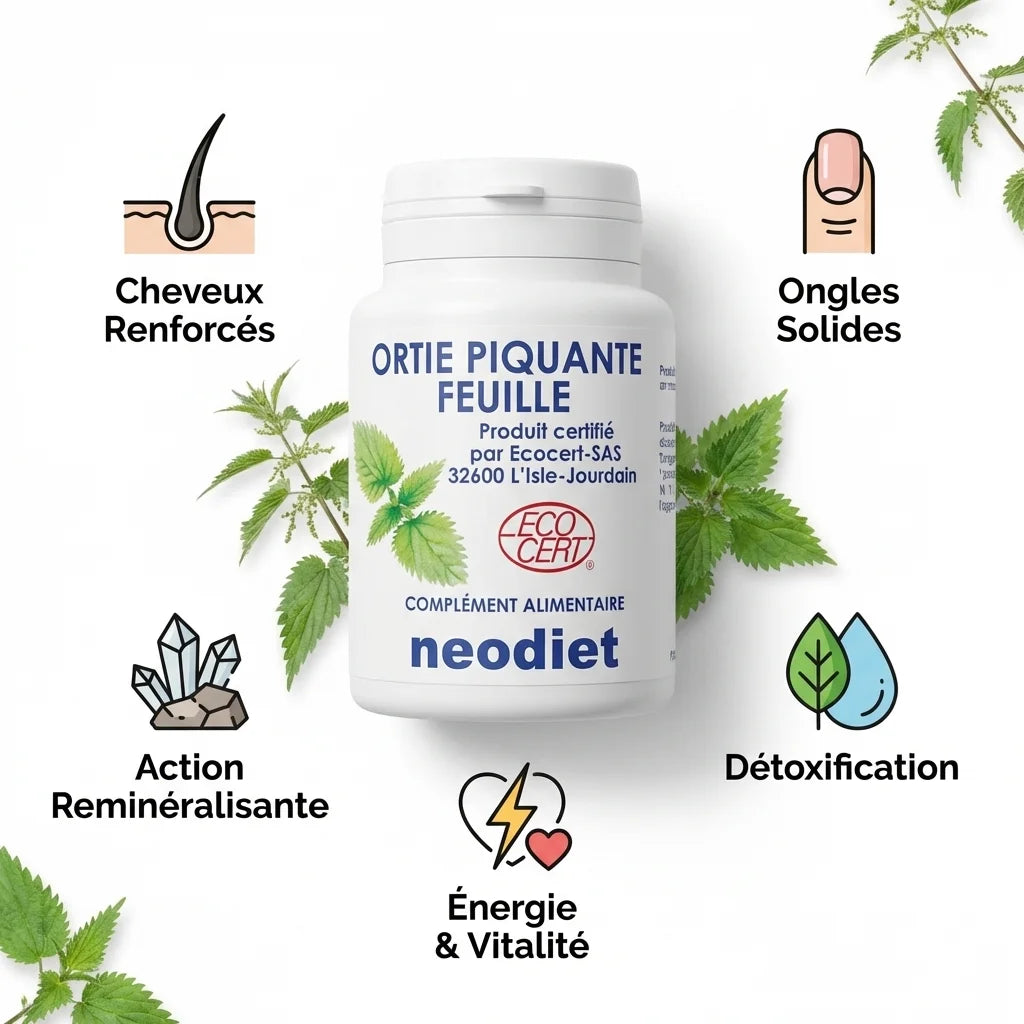 Neodiet Ortie piquante feuille 100 gélules avec icônes bénéfices cheveux, ongles, énergie et détoxification