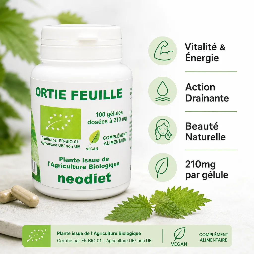 Neodiet Ortie Feuille 100 gélules avec ses 4 bénéfices : vitalité, drainage, beauté et 210mg par gélule