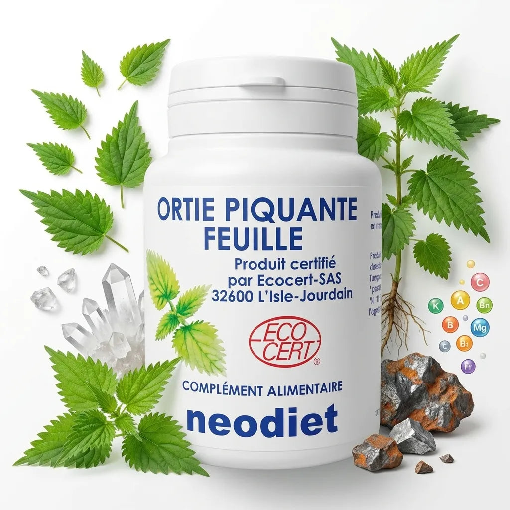 Flacon Neodiet Ortie piquante feuille 100 gélules avec feuilles fraîches vertes