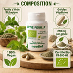 Neodiet Ortie piquante feuille 100 gélules bio vegan, composition et ingrédients naturels sur surface bois
