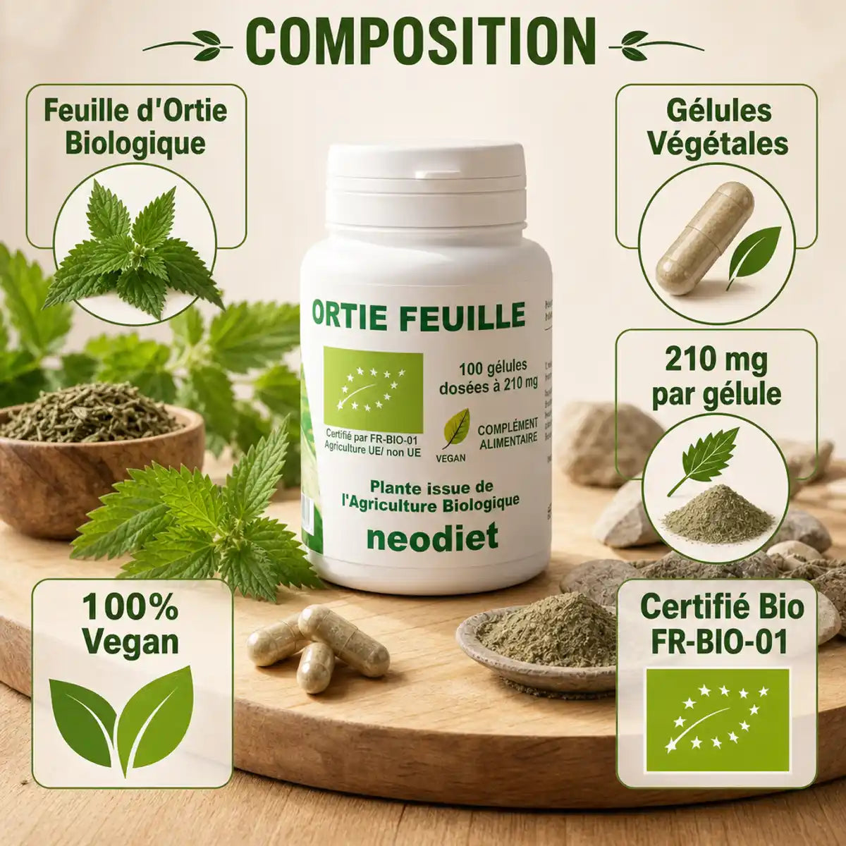 Neodiet Ortie piquante feuille 100 gélules bio vegan, composition et ingrédients naturels sur surface bois