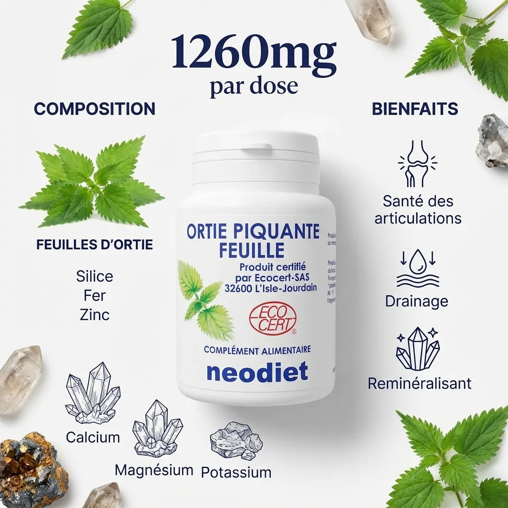Ortie piquante feuille Neodiet 100 gélules - Flacon avec composition et minéraux essentiels