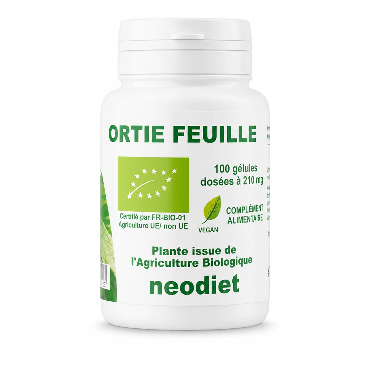 Ortie piquante feuille 100 gélules Neodiet en flacon blanc avec étiquette verte