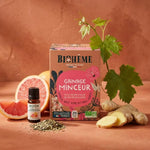 Packshot de l'nfusion "gainage minceur" de la marque Biohême en format infusettes, autour du produit se trouvent des ingrédients sur fond terracota
