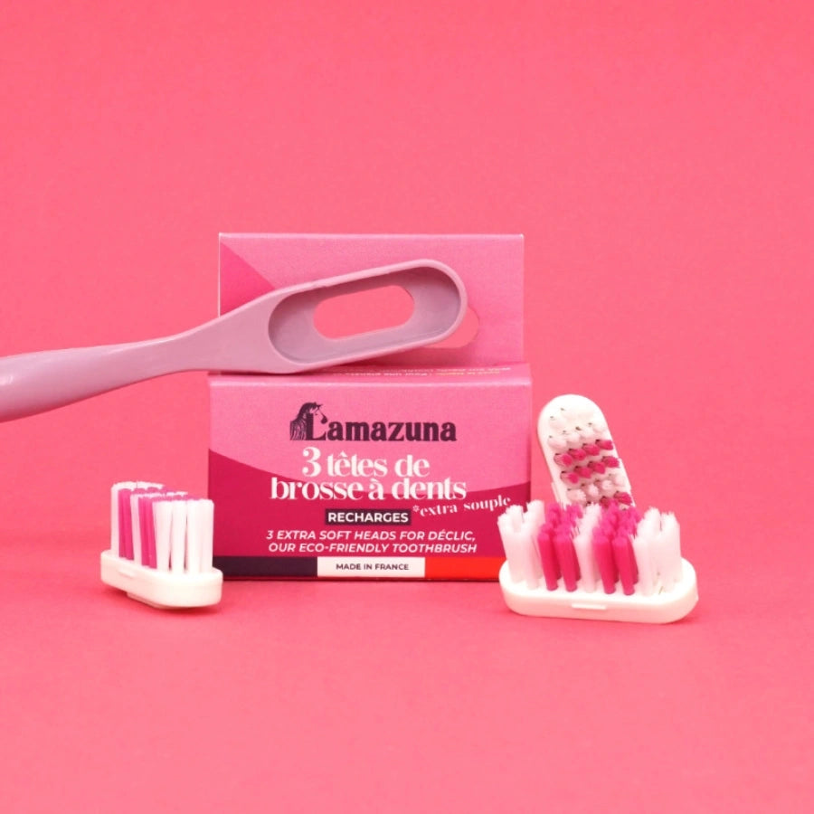 packshot des recharges de brosses à dents rechargeables "déclic" de la marque Lamazuna