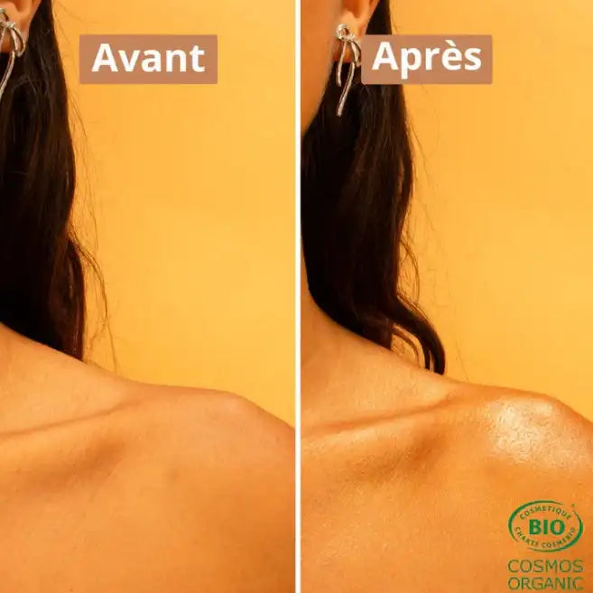Photo avant/après application de l'huile pailletée corps et visage Bronze de 30ml de la marque Comme Avant