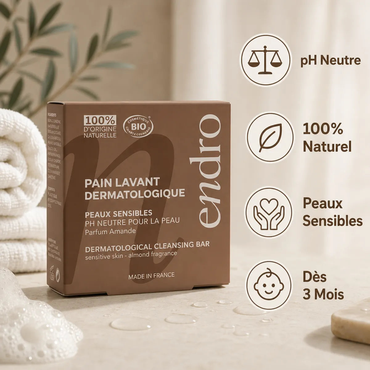 Pain lavant dermatologique Endro amande 85ml avec icônes pH neutre, naturel et peaux sensibles