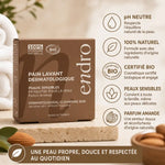 Pain lavant dermatologique Endro 85ml parfum amande, certifié bio, pH neutre, peaux sensibles
