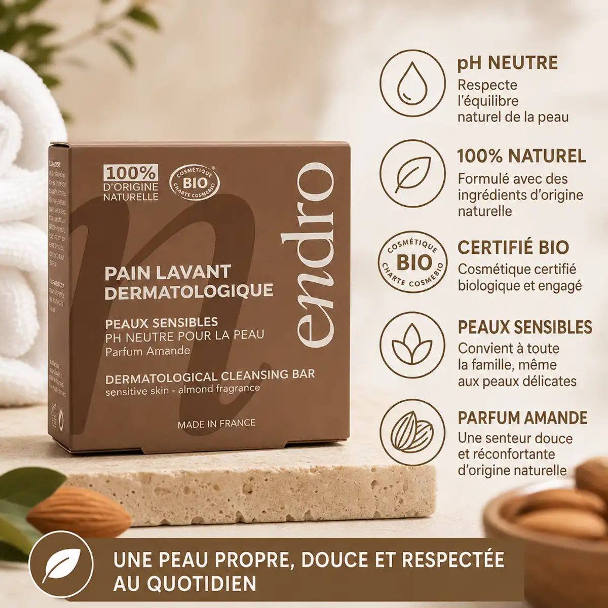 Pain lavant dermatologique Endro 85ml parfum amande, certifié bio, pH neutre, peaux sensibles