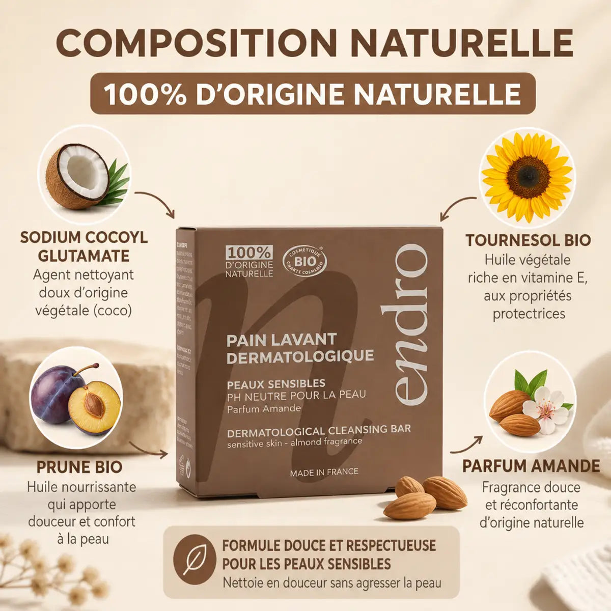 Pain lavant dermatologique Endro amande 85ml avec composition naturelle et ingrédients bio