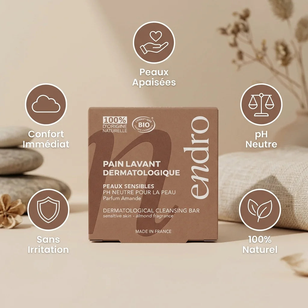 Pain lavant dermatologique Endro 85ml sans parfum avec certificat BIO et icônes des bénéfices