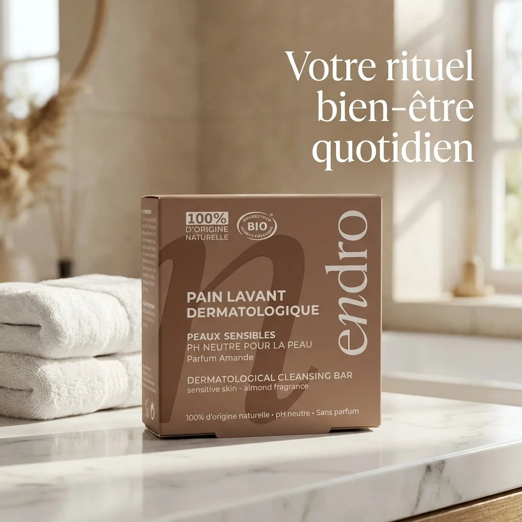 Pain lavant dermatologique Endro sans parfum 85ml sur marbre blanc avec serviettes