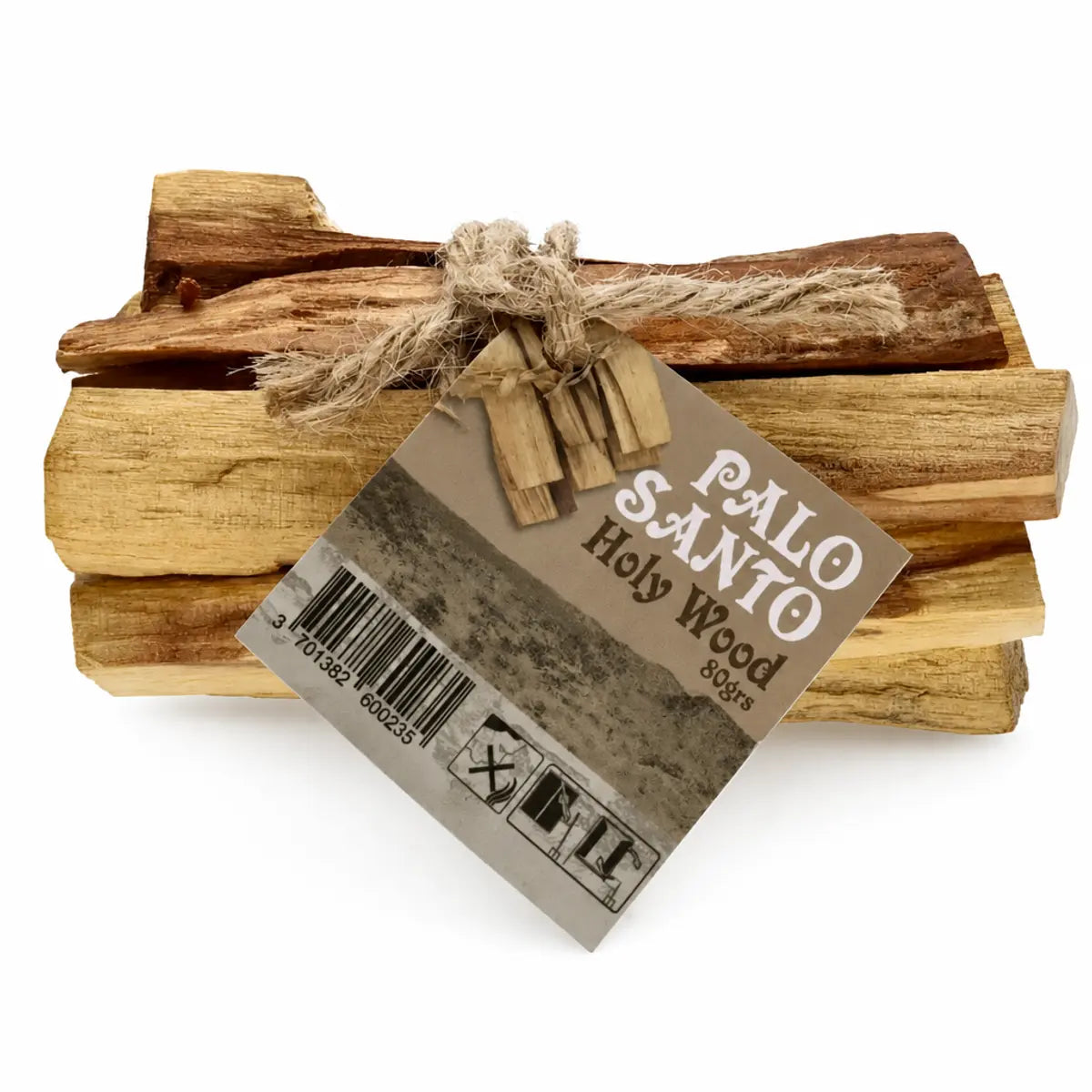 Fagot de Palo Santo 80g avec 5 bâtons naturels, étiquette et code-barres sur fond blanc