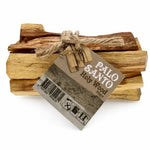 Fagot de Palo Santo 80g avec 5 bâtons naturels, étiquette et code-barres sur fond blanc