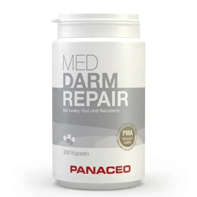 Panaceo Med Darm Repair 200 gélules - flacon blanc avec étiquette grise sur fond blanc