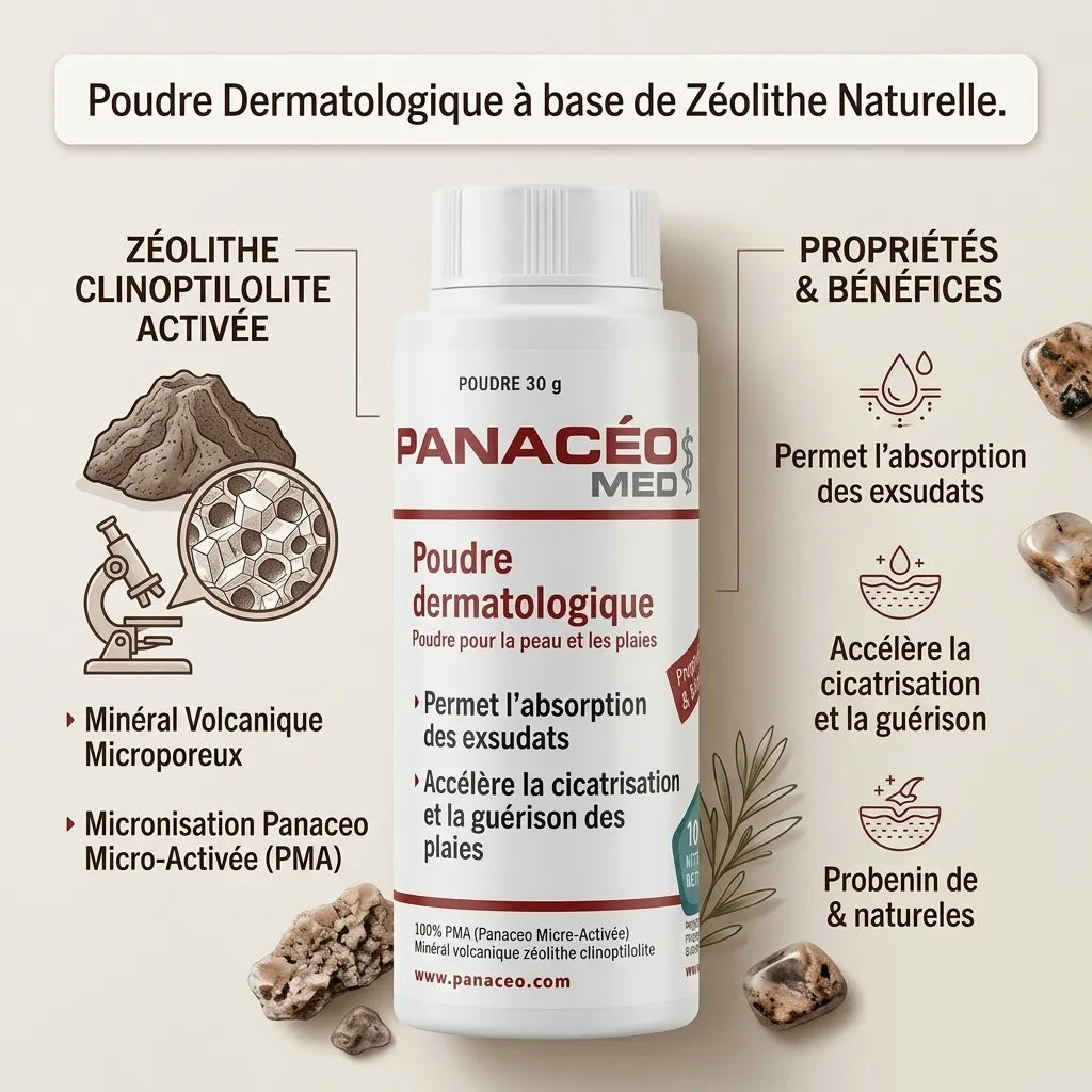 Poudre dermatologique Panacéo 30g à base de zéolithe volcanique naturelle pour cicatrisation