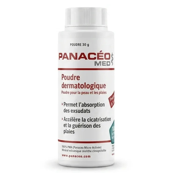 Poudre dermatologique Panacéo 30g Ecoidées flacon blanc étiquette bordeaux fond blanc