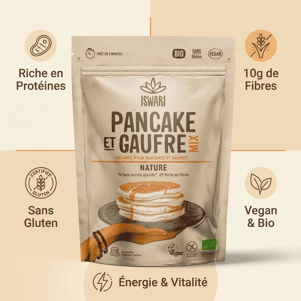 Pancake Gaufre Iswari 300g Nature - Infographie bénéfices santé sans gluten vegan bio