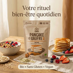 Pancake et Gaufre Nature Iswari 300g avec ingrédients frais et stack de pancakes au sirop d'érable