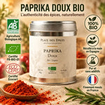 Paprika Doux Bio 60g boîte métallique avec poudre rouge, certifications agriculture biologique et rosemarin