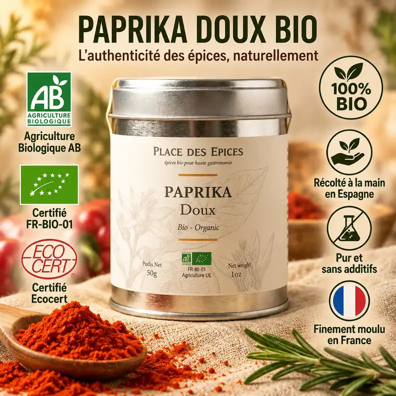 Paprika Doux Bio 60g boîte métallique avec poudre rouge, certifications agriculture biologique et rosemarin