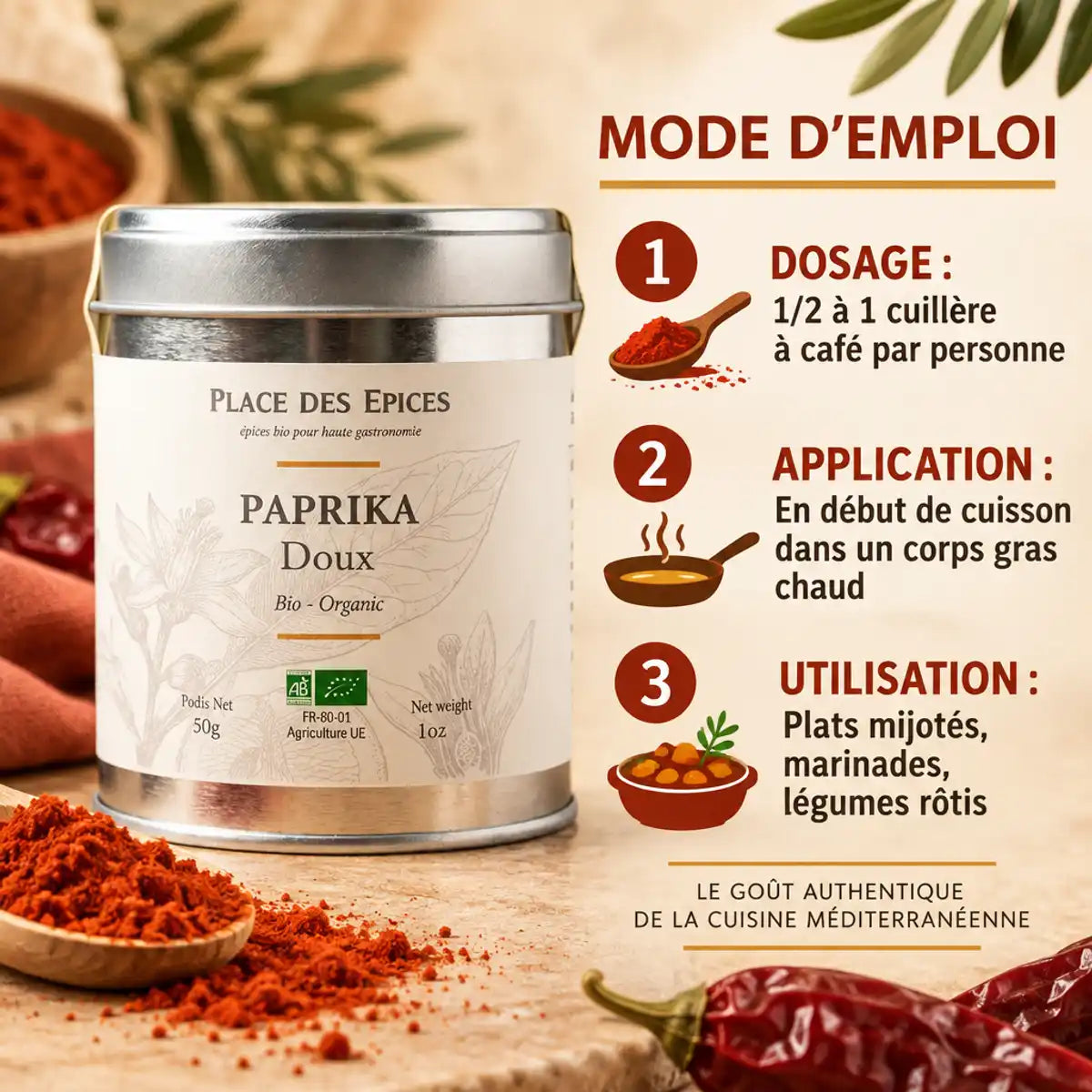 Paprika Doux Bio 60g Place des épices - Boîte avec guide d'utilisation et dosage culinaire