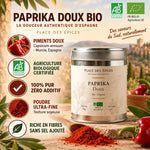 Paprika doux bio 60g Place des épices - boîte avec infographie composition et certifications AB