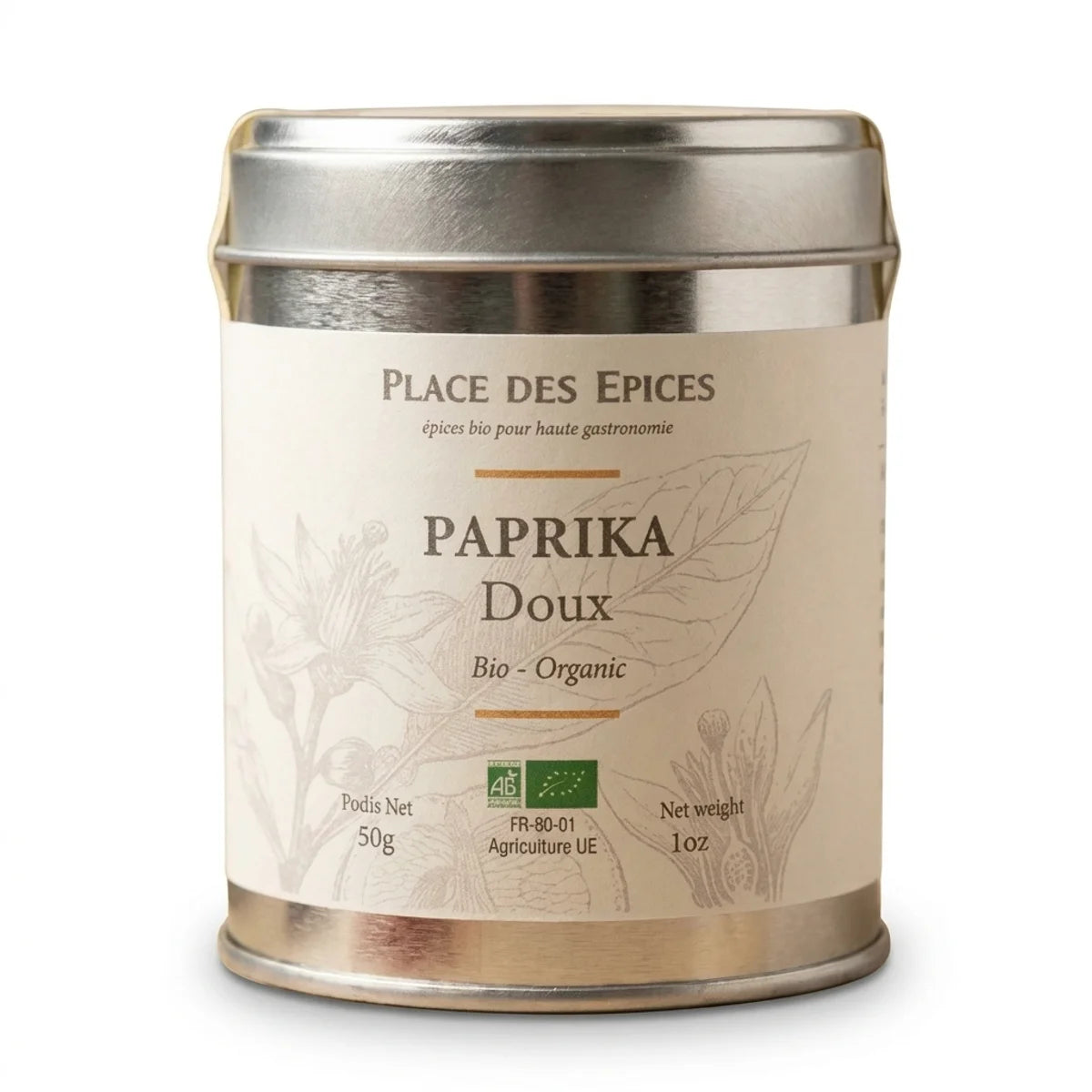 Paprika Doux Bio 60g Place des épices en boîte métallique avec étiquette crème