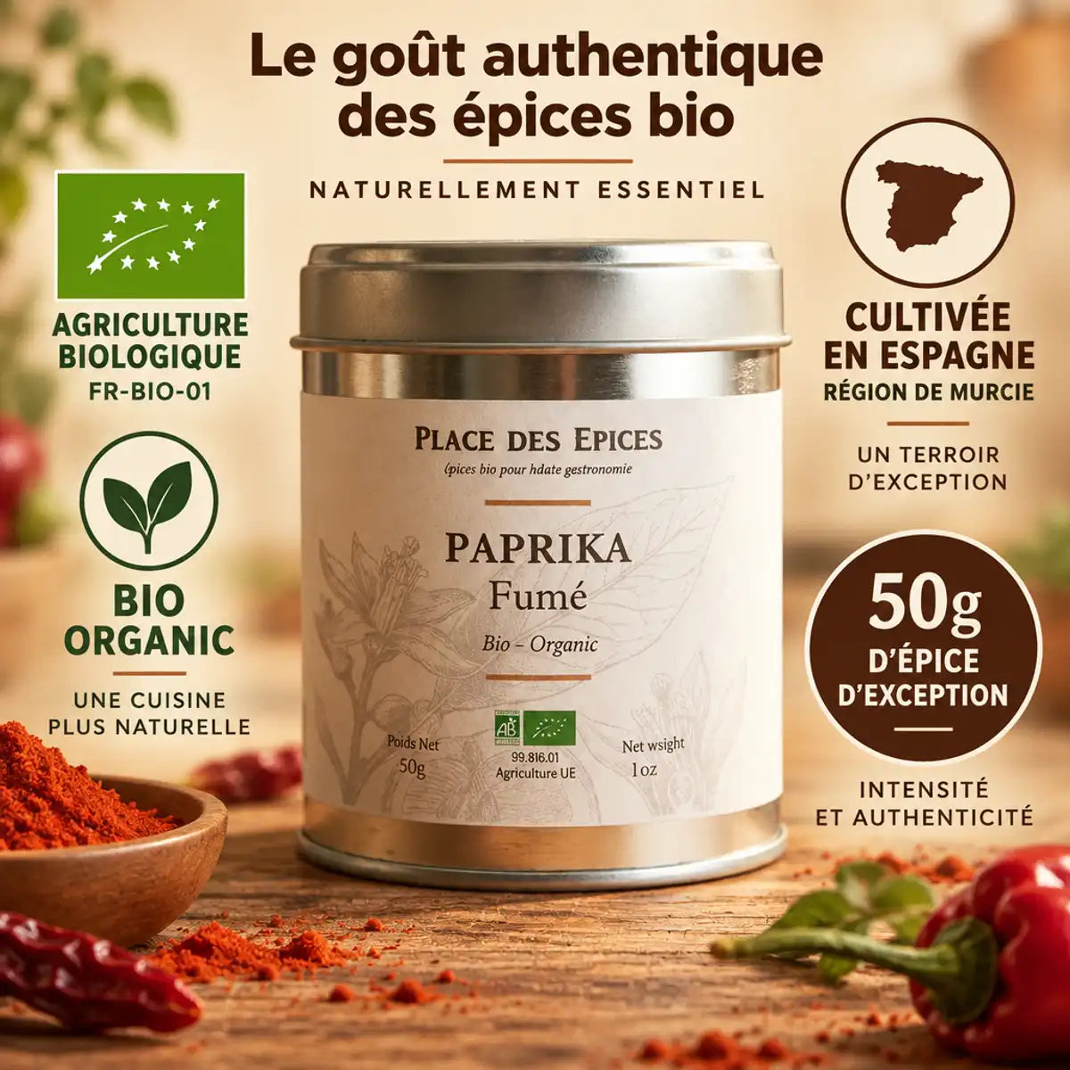 Paprika Fumé Bio 50g Place des épices - Boîte métallique certifiée agriculture biologique d'Espagne