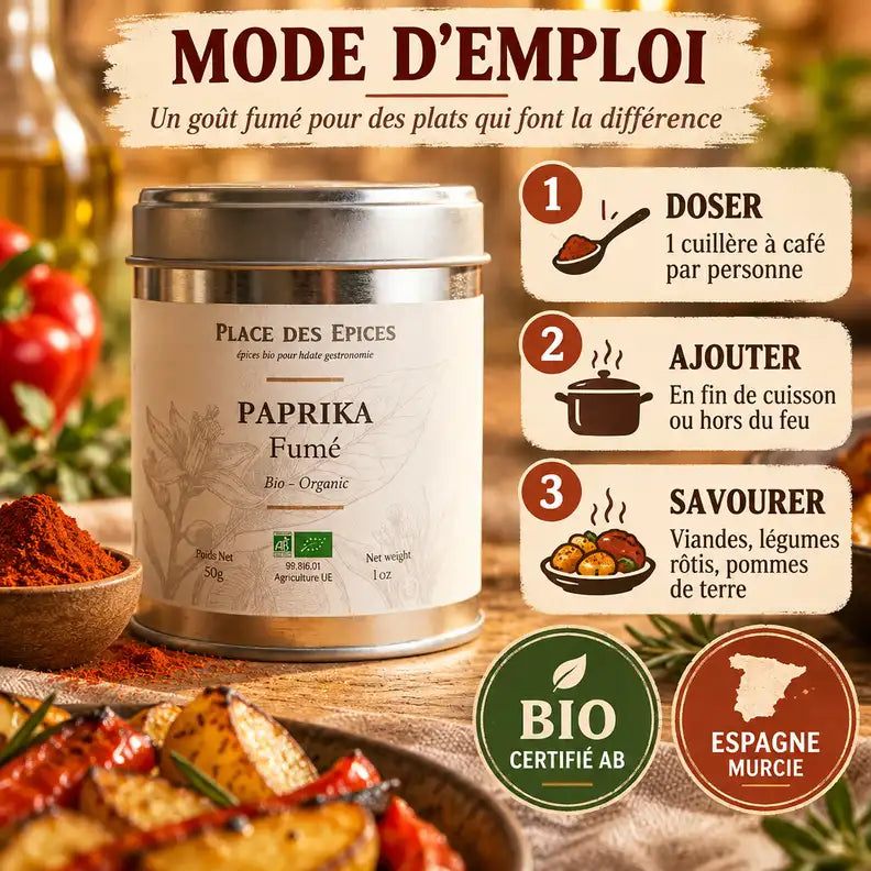 Paprika Fumé Bio 50g Place des épices - boîte avec mode d'emploi et ingrédients méditerranéens