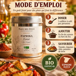 Paprika Fumé Bio 50g Place des épices - boîte avec mode d'emploi et ingrédients méditerranéens
