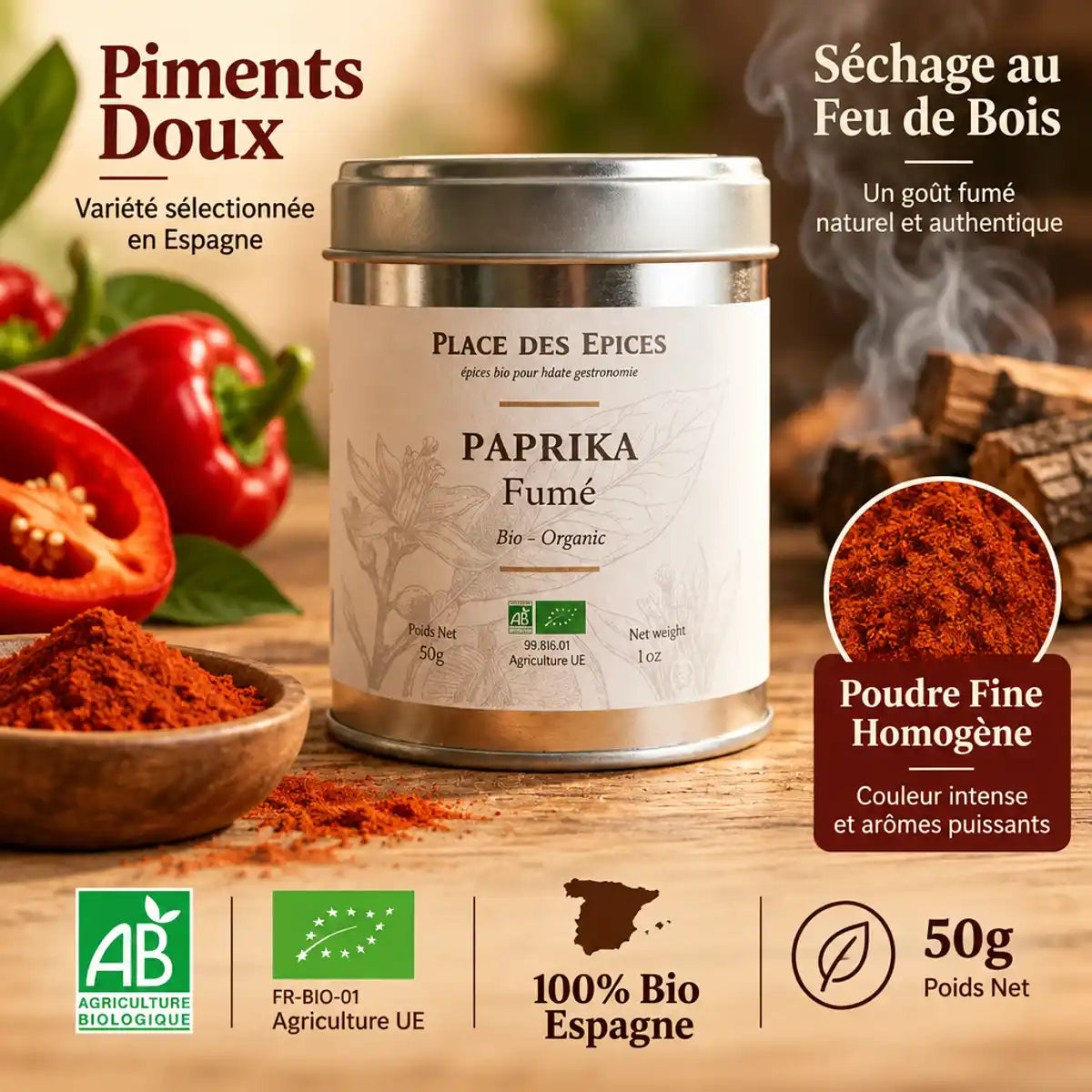 Paprika Fumé Bio 50g Place des épices - Pot métallique avec infographie ingrédients biologiques