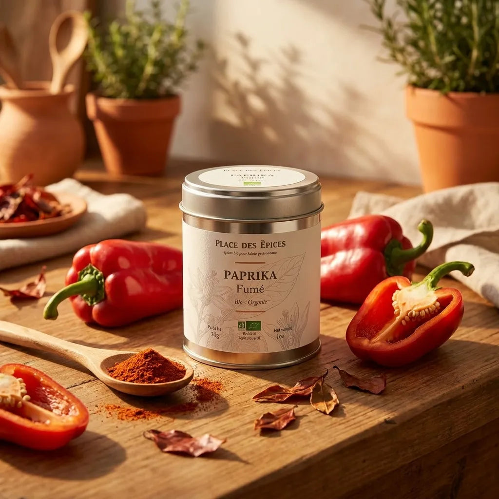Paprika Fumé Bio 50g Place des épices avec poivrons frais et cuillère en bois