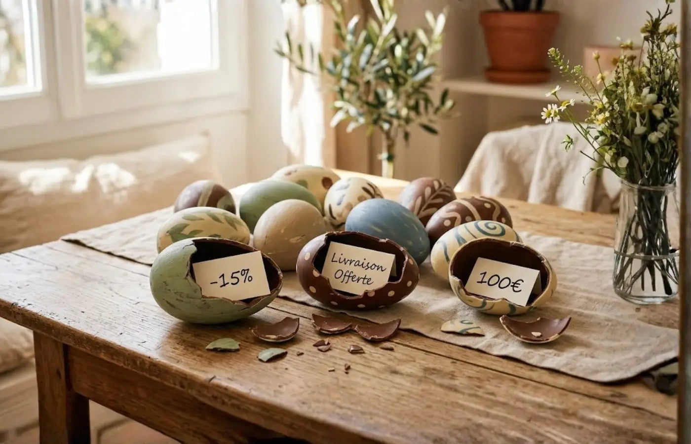 Oeufs de Pâques sur une table contenant des surprises