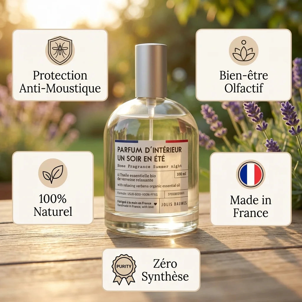 Parfum d'intérieur Un soir en été 100ml anti-moustique Jolis Baumes avec infographie avantages