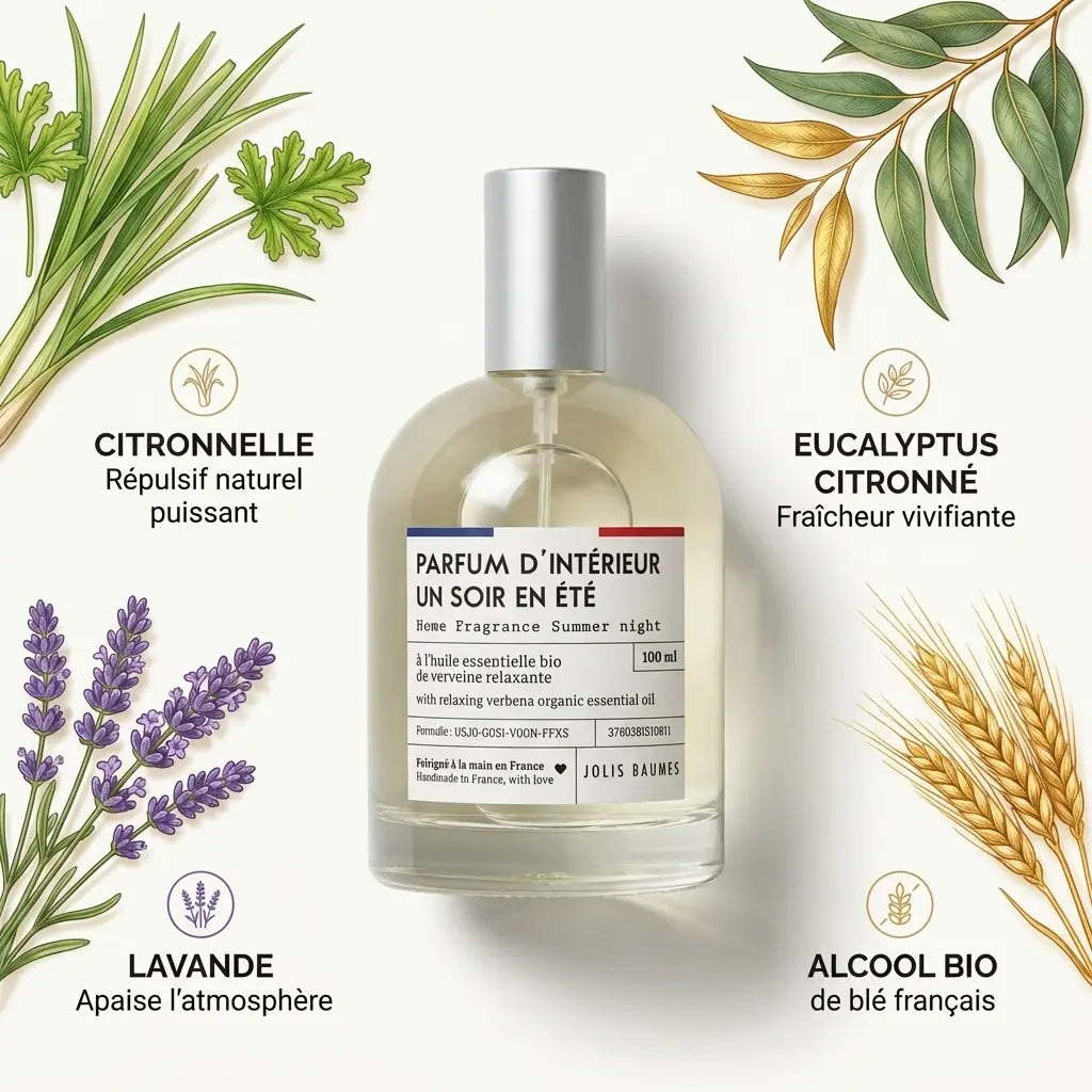 Parfum d'intérieur Un soir en été 100ml Jolis Baumes avec ingrédients naturels citronnelle eucalyptus lavande
