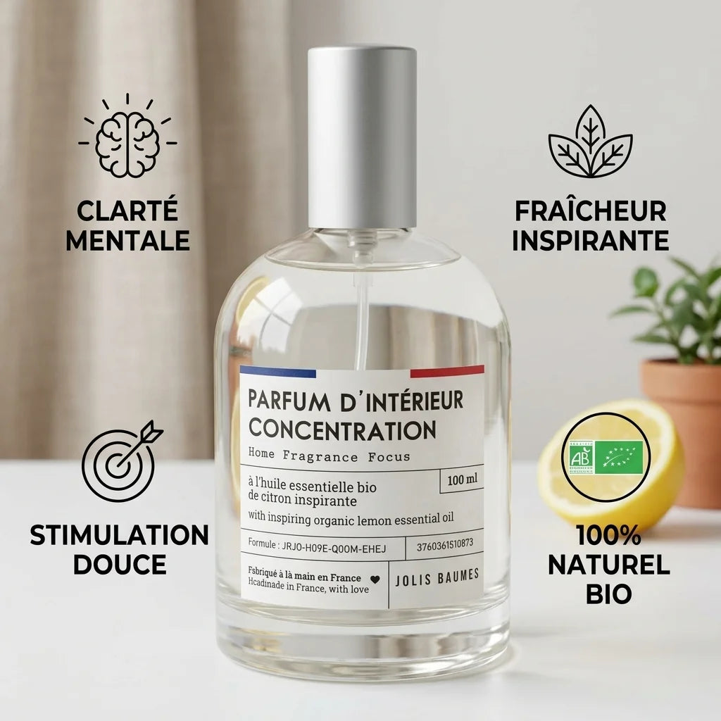 Parfum d'intérieur Concentration 100ml Jolis Baumes naturel bio avec bénéfices clarté mentale et fraîcheur