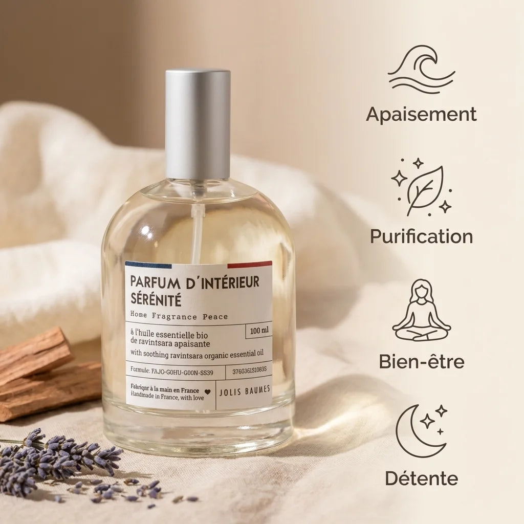 Parfum d'intérieur Sérénité 100ml avec infographie des bénéfits: apaisement, purification, bien-être, détente