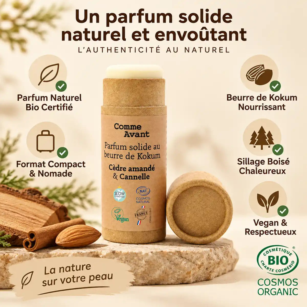 Parfum solide Comme Avant Cèdre amandé Cannelle beurre kokum bio certifié 20g