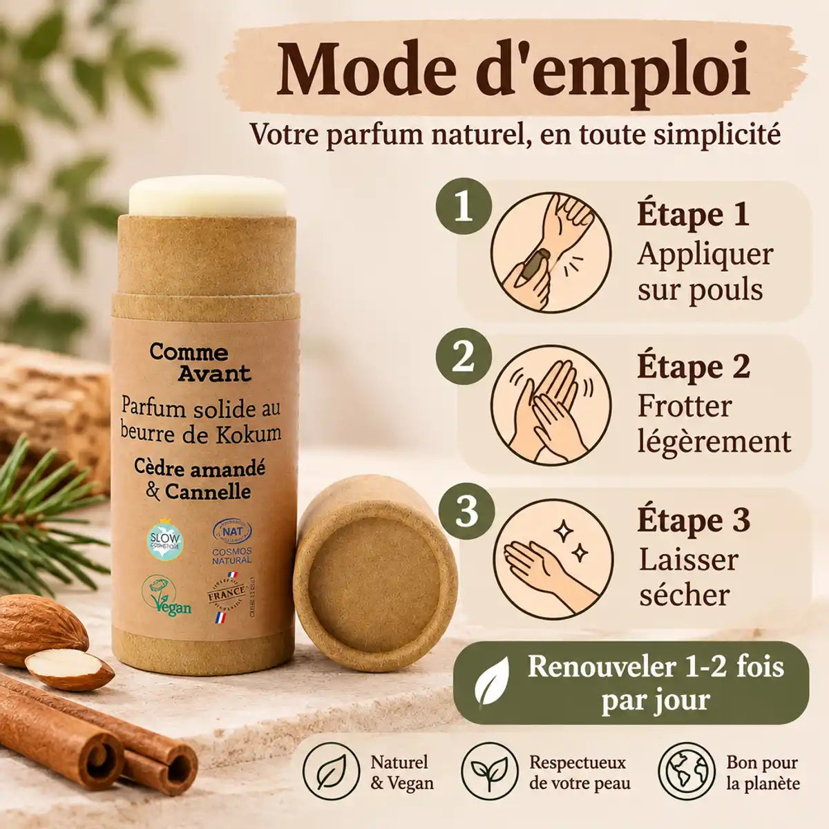Parfum solide Comme Avant Cèdre amandé Cannelle avec mode d'emploi application peau