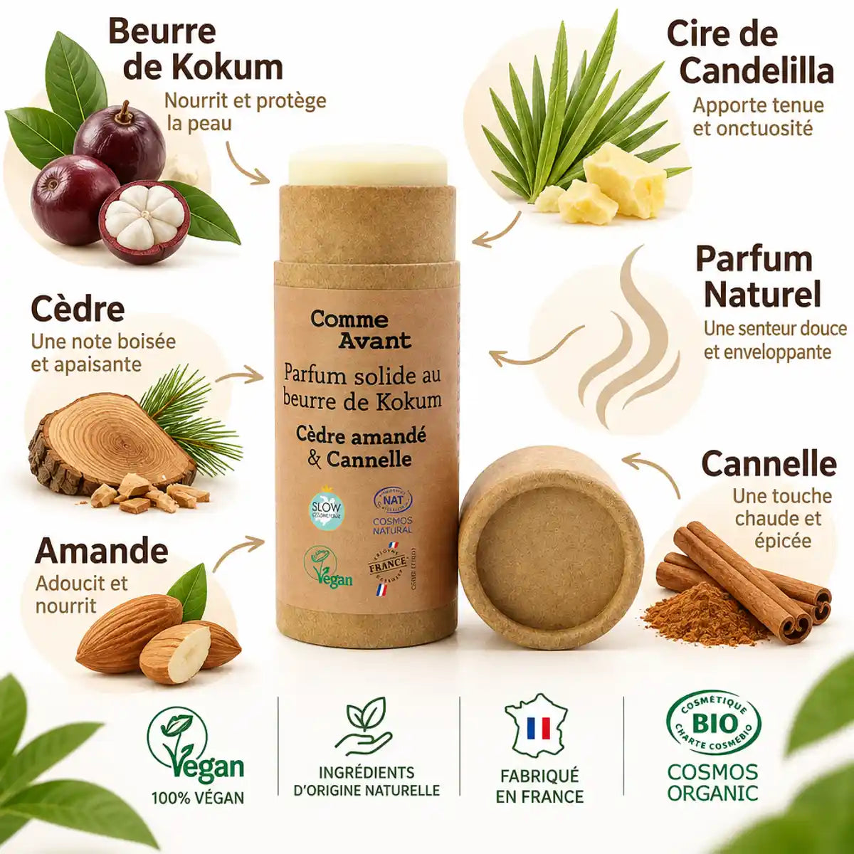 Parfum solide Comme Avant beurre de kokum cèdre amande cannelle avec ingrédients naturels