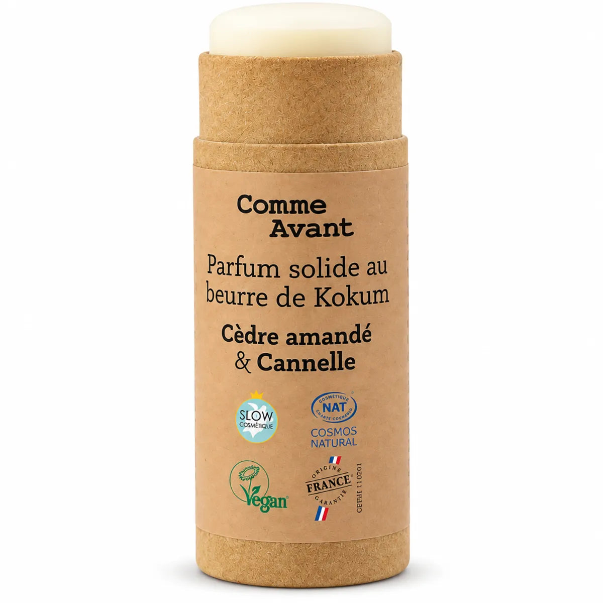 Parfum solide Comme Avant beurre de Kokum Cèdre amandé Cannelle 20g tube kraft