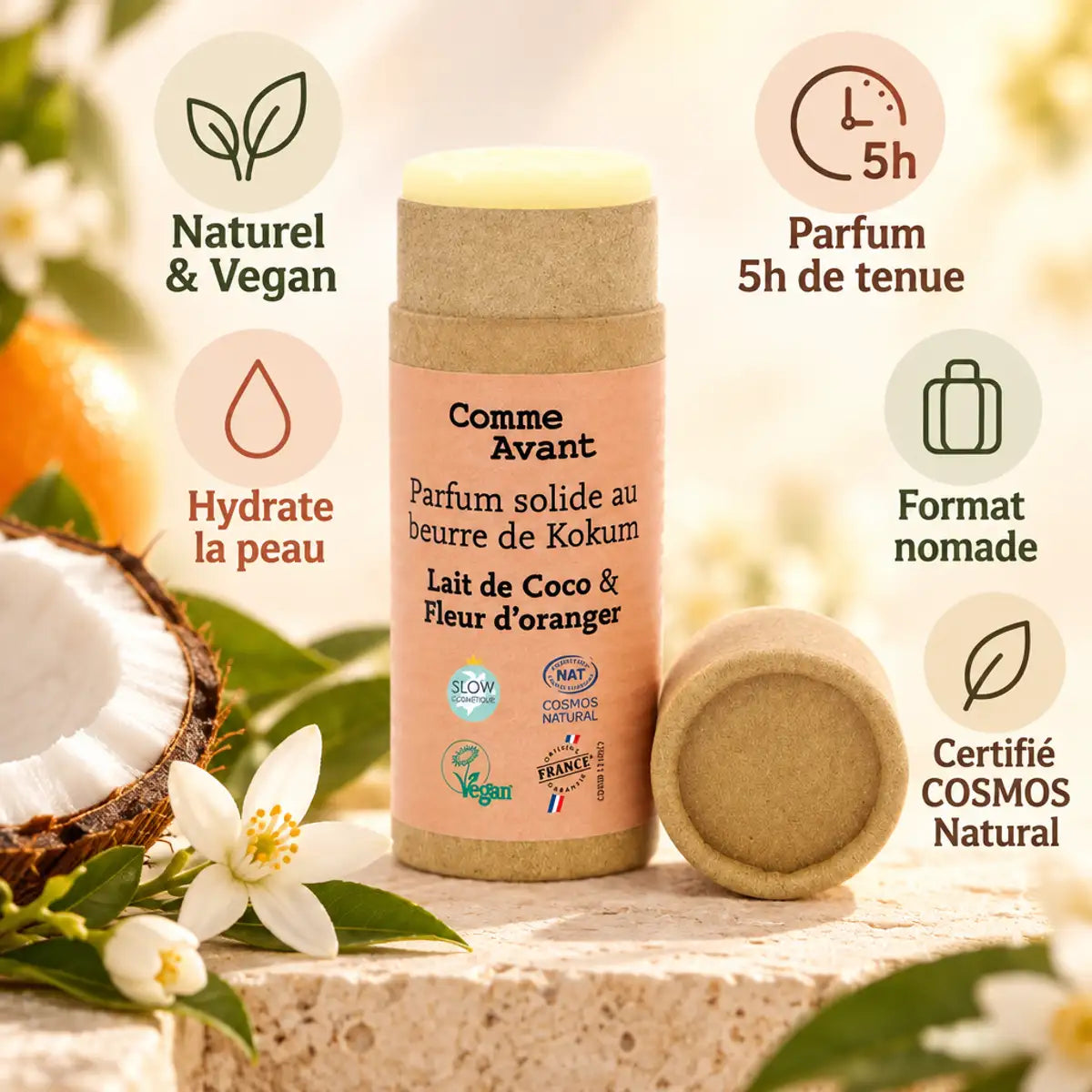 Parfum solide Comme Avant beurre de kokum lait de coco fleur d'oranger naturel vegan