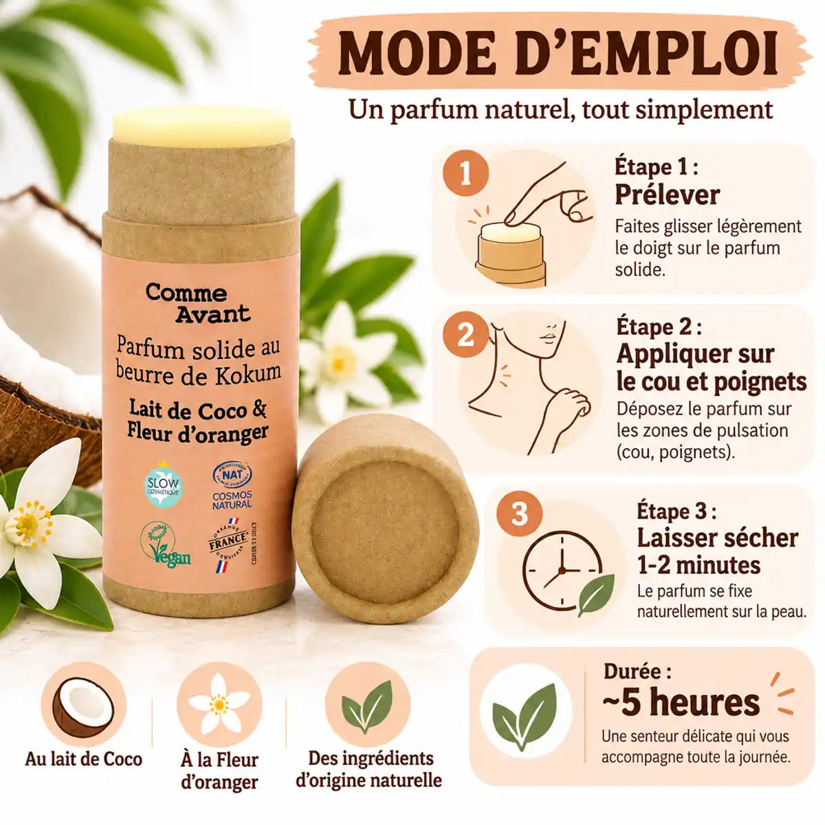Parfum solide Comme Avant beurre kokum lait coco fleur oranger mode d'emploi application