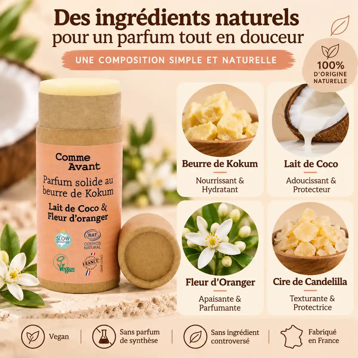 Parfum solide Comme Avant beurre de Kokum, lait de coco et fleur d'oranger avec ingrédients naturels