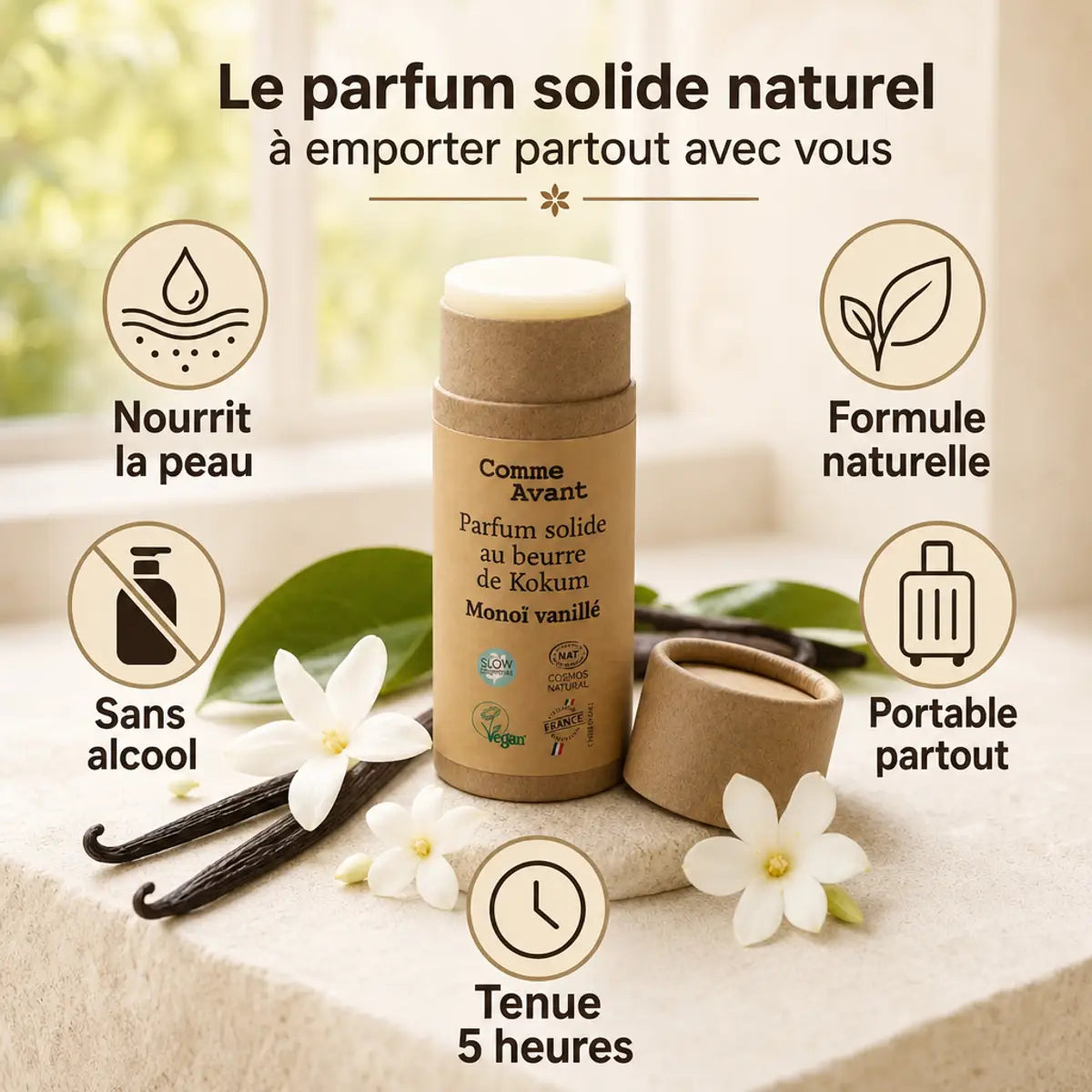 Parfum solide Comme Avant beurre Kokum Moï vanillé avec icônes bénéfices naturels