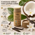 Parfum solide Comme Avant beurre Kokum Monoï vanillé 20g avec guide d'utilisation et ingrédients naturels