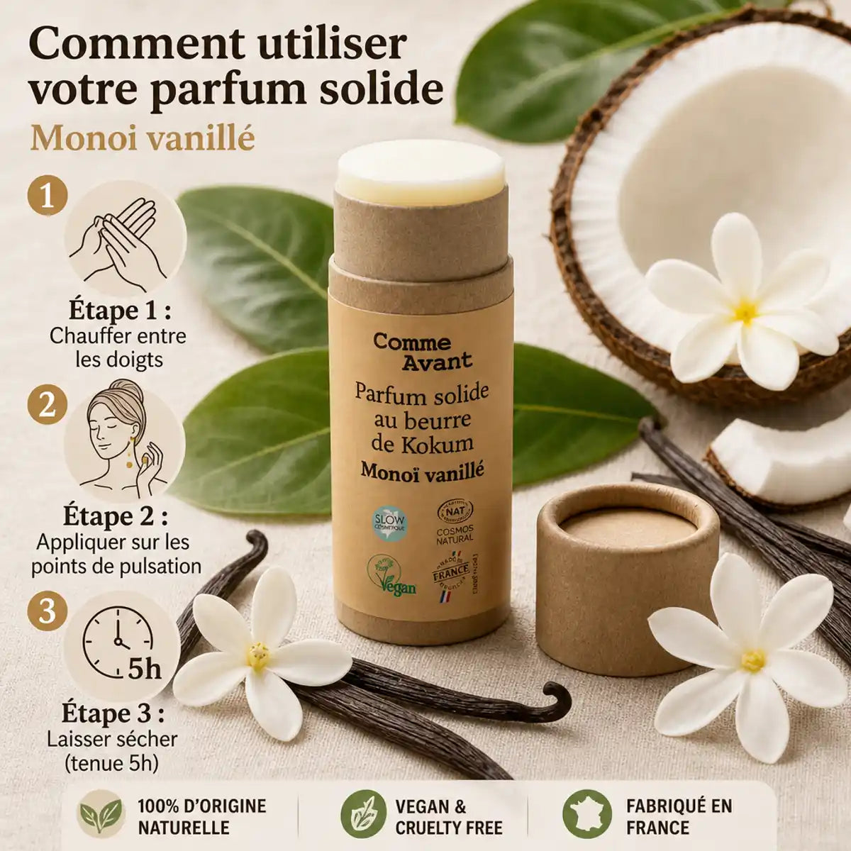 Parfum solide Comme Avant beurre Kokum Monoï vanillé 20g avec guide d'utilisation et ingrédients naturels