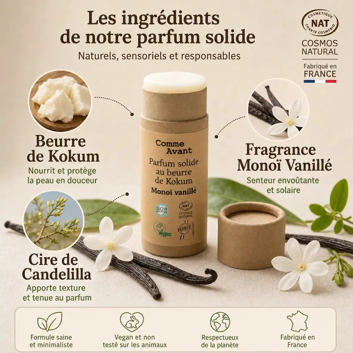 Parfum solide Monoï Vanillé Comme Avant avec beurre de kokum et ingrédients naturels