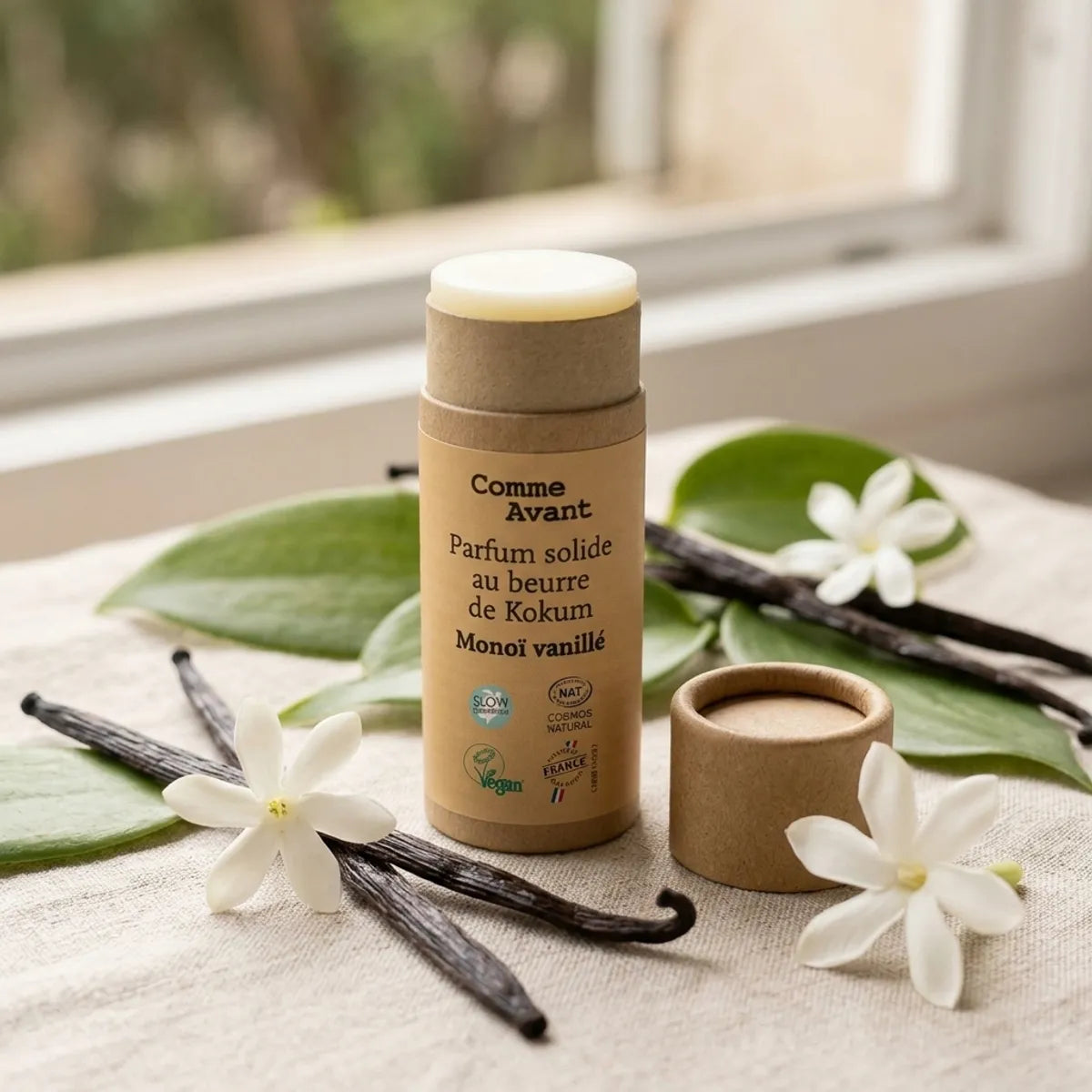 Parfum solide Comme Avant beurre Kokum Monoï vanillé 20g avec vanille et fleurs tropicales